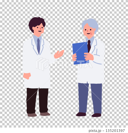 Illustration of a medical team where a young doctor and a veteran doctor consult 135201397