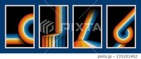 70s retro line background or abstract art vintage posters with rainbow geometric pattern. Vector retro backgrounds with lines of color wave circles for 1970s pop or disco music creative banners design 135201402