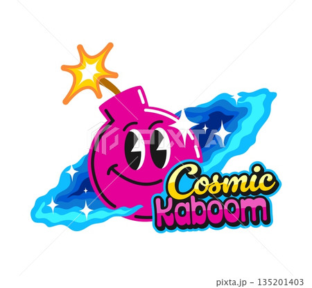 Cosmic bomb and TNT retro Y2K sticker or symbol. TNT grenade groovy vector label, dynamite isolated vintage funky tag. Bomb cheerful character in space galaxy disk sticker or patch 135201403