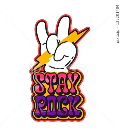 Stay rock music Y2K groovy sticker or symbol. Music melody funky Y2K vector sticker, musical audio record label. Festival concert sound tag with horns hand gesture, lightning bolt and funky typography Stay rock music Y2K groovy sticker or symbol. Music melody funky Y2K vector sticker, musical audio record label. Festival concert sound tag with horns hand gesture, lightning bolt and funky typography 135201404