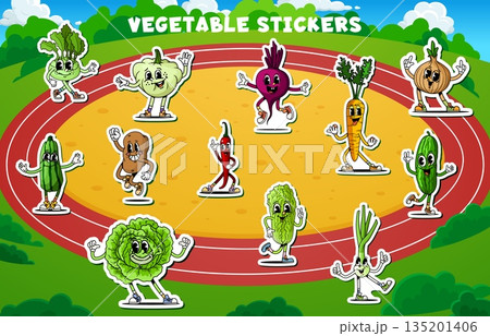 Cartoon retro groovy vegetable characters stickers pack. Vector funny patches of carrot, onion, beet, chili and cabbage hippie farm personages training on stadium with smiling faces and retro y2k vibe Cartoon retro groovy vegetable characters stickers pack. Vector funny patches of carrot, onion, beet, chili and cabbage hippie farm personages training on stadium with smiling faces and retro y2k vibe 135201406