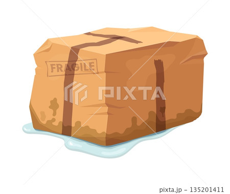 Crumpled and damaged box, broken ripped parcel cardboard package. Soaked and dented parcel box with dripping water and rough tape lines. Delivery problem, bad logistics theme 135201411