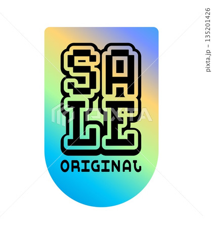 Shop sale hologram vintage Y2K sticker or tag. Glossy foil discount vintage label, chrome iridescent store sale vector patch. Metallic color holographic sale Y2K sticker with pixelated typography 135201426