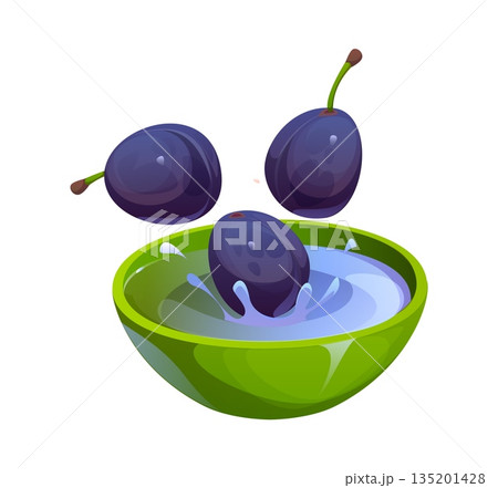 Cartoon vector three dark purple plums being washed in a bright green bowl filled with water, representing cooking process. Fresh damson fruits with one plum splashes into the liquid with water splash 135201428