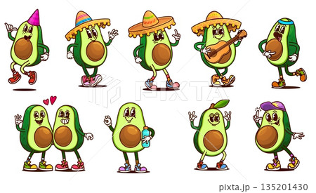 Cartoon funny groovy avocado characters playing guitar with sombreros. Cute retro groovy avocado halves vector emoji with party hat, sun cap and water bottle. Loving couple of green fruits with hearts 135201430