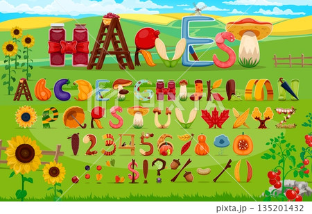 Cartoon autumn fall font, thanksgiving harvest typeface letters. Vector abc made of fruits, vegetables, leaves, mushrooms, boots, scarves, socks and garden tools. Seasonal typeset on nature background Cartoon autumn fall font, thanksgiving harvest typeface letters. Vector abc made of fruits, vegetables, leaves, mushrooms, boots, scarves, socks and garden tools. Seasonal typeset on nature background 135201432