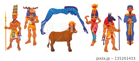 Ancient Egypt gods Amun with feather crown, Khnum ram head, Nut arched starry body and Apis holy bull. Vector Hathor with sun disk, Anubis jackal head and Ptah. Egypt religion gods and goddess set 135201433