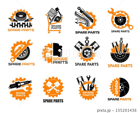 Car spare parts icons of auto mechanic repair service, garage or workshop. Vector car spare parts in shopping cart, automotive gear, wrench and spanner tools, engine piston and wheel tire symbols 135201438
