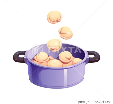 Pelmeni dumplings falling into a boiling pot representing cooking process. Isolated cartoon vector cook food scene with dough pieces, metal saucepan, kitchen utensil and food preparation moment Pelmeni dumplings falling into a boiling pot representing cooking process. Isolated cartoon vector cook food scene with dough pieces, metal saucepan, kitchen utensil and food preparation moment 135201439