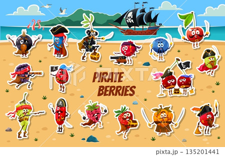 Cartoon berry pirate and corsair characters stickers on treasure island landscape vector background. Cute cherry, strawberry, cranberry and bilberry, raspberry and barberry with pirate ship, flags 135201441