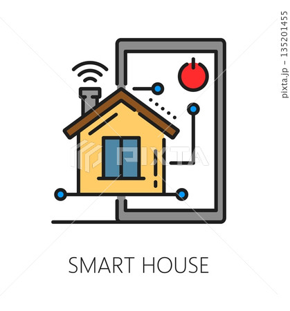 Home security smart system color line icon or sign. Smart home safety system outline vector sign, house security technology symbol or icon with cottage house building and electronic control panel Home security smart system color line icon or sign. Smart home safety system outline vector sign, house security technology symbol or icon with cottage house building and electronic control panel 135201455