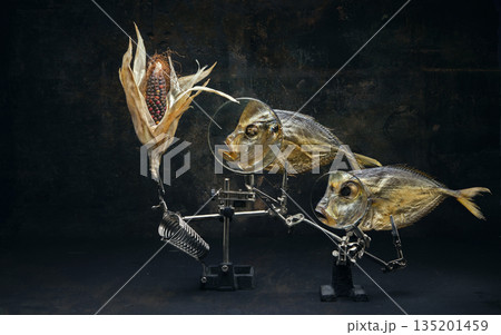 Still life fish and colored corn. Antique styling Still life fish and colored corn. Antique styling 135201459