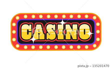 Casino lamp signboard Y2K groovy sticker. Gambling 60s vector label, gamble luck groovy retro tag. Fortune retro sticker or patch with casino glowing light sign and golden typography 135201470