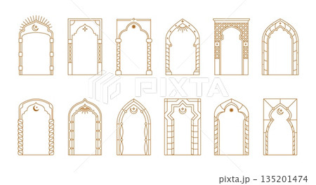 Arabian Ramadan boho arch frames with vector minimal line pattern. Muslim mosque window and door arch frames with islamic moon, star and aesthetic boho ornaments. Ramadan Kareem and Eid Mubarak themes Arabian Ramadan boho arch frames with vector minimal line pattern. Muslim mosque window and door arch frames with islamic moon, star and aesthetic boho ornaments. Ramadan Kareem and Eid Mubarak themes 135201474
