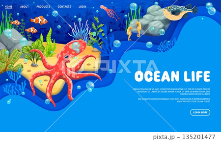 Save the ocean theme landing page with sea animals and underwater landscape vector background. Save the ocean ecology web banner with cartoon fish shoal, squid, octopus and seahorse characters Save the ocean theme landing page with sea animals and underwater landscape vector background. Save the ocean ecology web banner with cartoon fish shoal, squid, octopus and seahorse characters 135201477