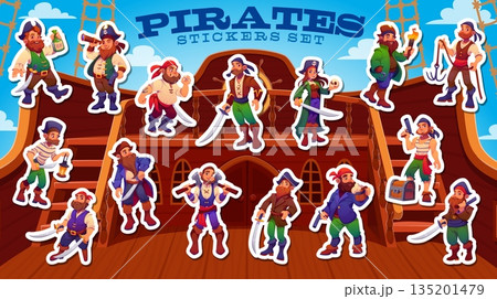 Cartoon pirate and corsair characters stickers pack at old sailing ship deck vector background. Happy pirate captain, sailor and skipper characters with corsair costumes, swords and treasure chest 135201479