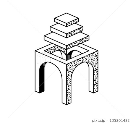 Psychedelic trippy funky arch element. Geometric funky arch, retro surreal vector element. Psychedelic Y2K portal or trippy graphic shape with fantasy construction doorway columns 135201482