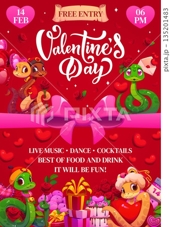 Valentine's day party flyer or poster template. Romance party vector banner, Saint Valentine holiday poster. Love day flyer template with cute snakes cartoon characters, flowers, gifts and love hearts 135201483