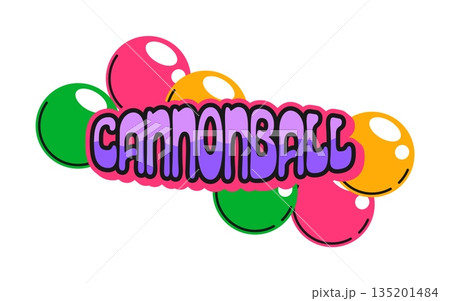 Pirate cannonball vintage Y2K sticker or symbol. Piracy and sailing tag, corsair marine retro vector label. Pirate nautical Y2K sticker or patch with colorful cannonballs and typography Pirate cannonball vintage Y2K sticker or symbol. Piracy and sailing tag, corsair marine retro vector label. Pirate nautical Y2K sticker or patch with colorful cannonballs and typography 135201484