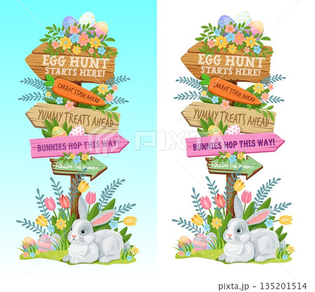Easter wooden sign board, Easter eggs hunting signage. Vector signboard with callouts for treats and decorations, surrounded by flowers, eggs and bunny, convey celebration, joy and seasonal excitement 135201514