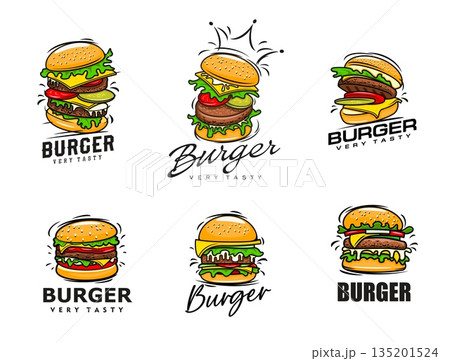 Hamburger and burger icons with fast food restaurant sandwiches and snacks. Vector hamburger and cheeseburger buns with meat, cheese and salad leaves. Fast food restaurant burger icons set with crowns 135201524