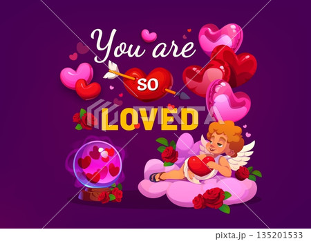You are so loved Valentines Day holiday quote. Vector typography of Valentine love card with cartoon romantic holiday gifts and cherub Cupid angel character, pierced heart, balloons and cute quote You are so loved Valentines Day holiday quote. Vector typography of Valentine love card with cartoon romantic holiday gifts and cherub Cupid angel character, pierced heart, balloons and cute quote 135201533