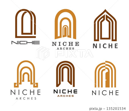 Niche arch, window and door frame line icons, vector house interior or architecture. Home, castle, palace or church buildings niche arches isolated icons. Brown window, door and gate arched frames set 135201534
