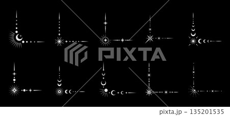 Golden magic celestial border corners with moon, stars and sun vector line ornaments. Esoteric tarot card, fantasy horoscope frame and magic boho tattoo border corners set of golden space objects 135201535