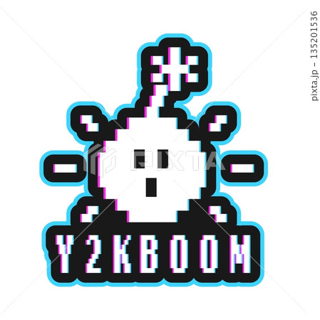 Pixel bomb and TNT vintage Y2K sticker or label. Grenade isolated vintage funky patch, TNT dynamite hippie vector tag. Bomb groovy Y2K label or explosive sticker with pixelated typography text 135201536