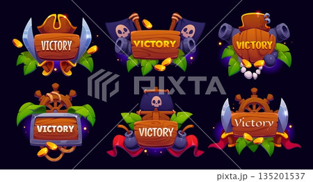 Pirate game victory award icons, vector UI asset. Cartoon winner trophy badges with corsair ship, wheel and captain hat, treasure gold, skull black flags and sail. Piracy game victory shield icons 135201537