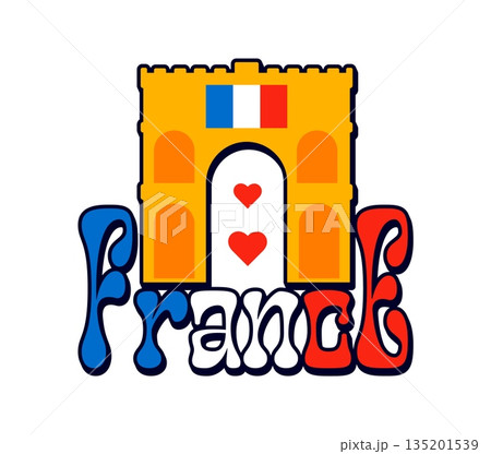 France Arc de Triomphe vintage Y2K sticker or label. France tourism 60s Y2K vector tag, European nation flag color sticker. Europe country label with Paris architecture famous Arch of Triumph monument 135201539