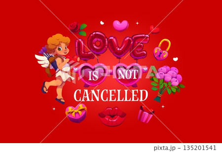 Love is not cancelled Valentine quote. Romantic vector banner or greeting card featuring a cute cupid holding a heart, sunglasses, rose flowers, gifts, bouquet, padlock, and lips on a red background Love is not cancelled Valentine quote. Romantic vector banner or greeting card featuring a cute cupid holding a heart, sunglasses, rose flowers, gifts, bouquet, padlock, and lips on a red background 135201541