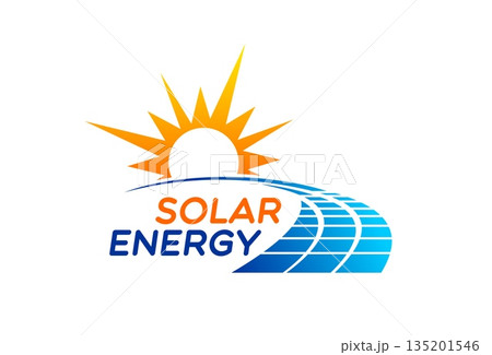Renewable solar energy technology icon or sign. Solar electricity industry vector icon, eco electric technology badge. Clean power company emblem with curved path road made of solar panels, sun disk 135201546