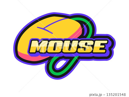 Computer mouse Y2K groovy sticker or funky symbol. Electronics hardware funky vector tag, 1990s digital technology groovy sticker. Computer gadget label with wired computer mouse and golden typography 135201548
