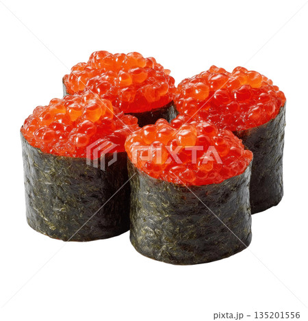 Salmon roe sushi with bright orange fish eggs wrapped in dark seaweed, showcasing fresh and appetizing Japanese cuisine 135201556