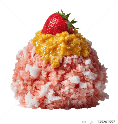 Strawberry shaved ice dessert topped with golden mango puree and fresh strawberry, offering refreshing and vibrant tropical flavor experience 135201557