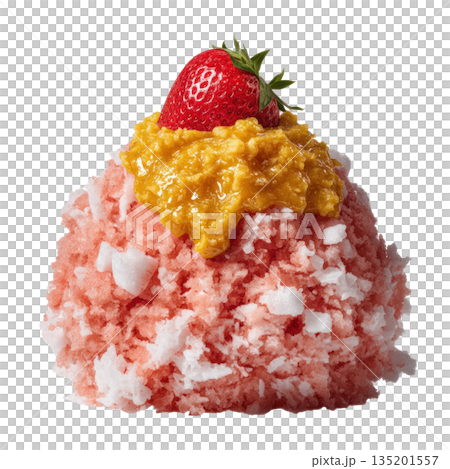 Strawberry shaved ice dessert topped with golden mango puree and fresh strawberry, offering refreshing and vibrant tropical flavor experience 135201557