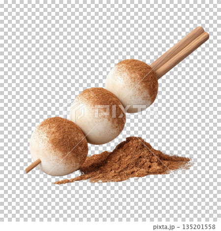Sweet dessert balls on wooden skewer sprinkled with brown cinnamon powder, tasty snack with warm flavor and soft texture 135201558