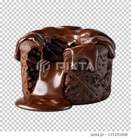 Molten chocolate cake with rich melted chocolate sauce dripping down, creating delicious and indulgent dessert experience 135201606