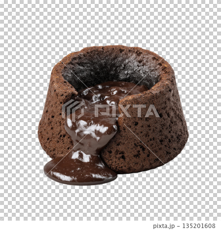 Molten chocolate lava cake with rich flowing chocolate center and moist textured exterior, delicious dessert with warm melted chocolate inside 135201608