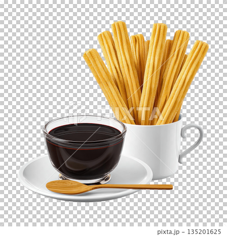 Golden churros sticks in white cup with chocolate sauce in glass bowl on white plate with wooden spoon, delicious snack treat 135201625