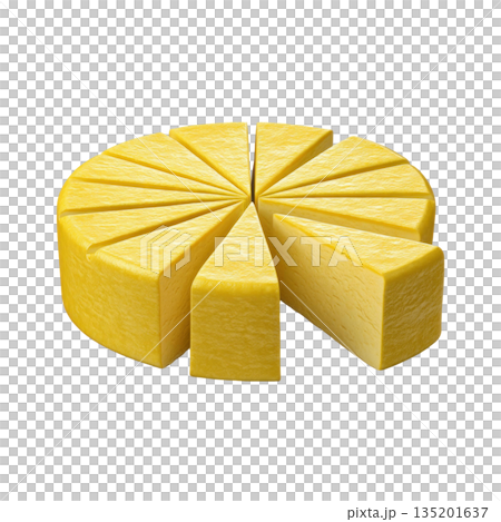 Cheesecake sliced into multiple pieces with smooth creamy texture and rich yellow color, perfect for dessert lovers 135201637