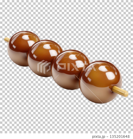 Sweet glossy brown caramel balls on wooden skewer, shiny and smooth, perfect for delicious dessert or snack treat 135201648