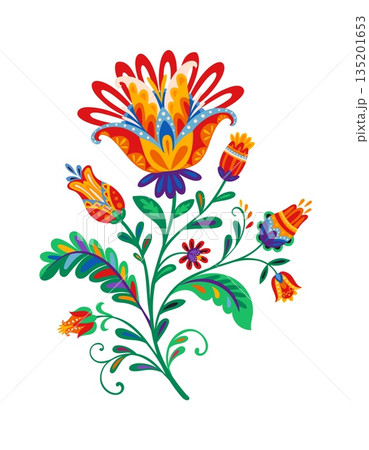 Mexican ethnic print graphic flower object with orange ornate leaves and buds. Hispanic folk plant decor, Latin American ethnic nature vector element. Mexican culture colorful flower decoration Mexican ethnic print graphic flower object with orange ornate leaves and buds. Hispanic folk plant decor, Latin American ethnic nature vector element. Mexican culture colorful flower decoration 135201653