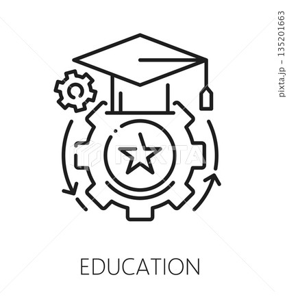 Education cognitive ability line icon or symbol. Education linear vector pictogram, memory cognitive ability lineart symbol. Attention mental capability sign or icon with graduation cap and cogwheel 135201663