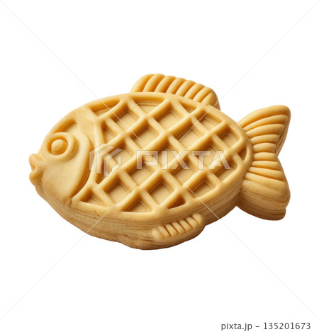 Fish shaped cookie with detailed lattice pattern and fins, golden brown baked treat with playful and charming appearance 135201673