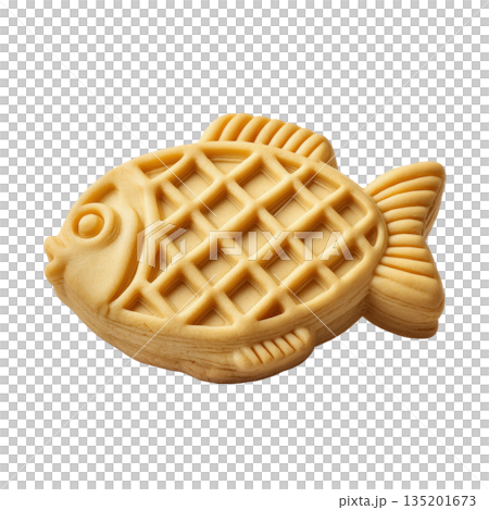 Fish shaped cookie with detailed lattice pattern and fins, golden brown baked treat with playful and charming appearance 135201673