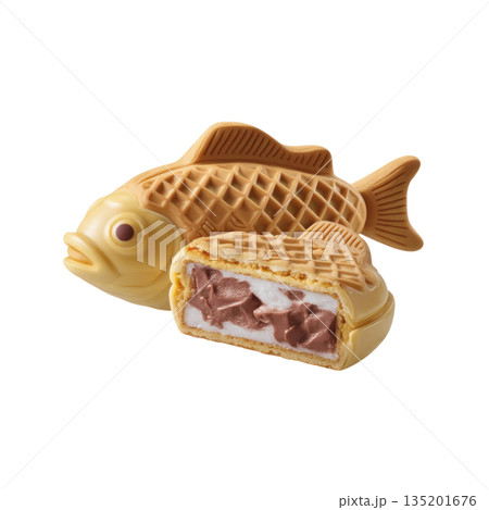 Fish shaped waffle dessert with chocolate and cream filling, showcasing playful and delicious treat with golden brown exterior 135201676