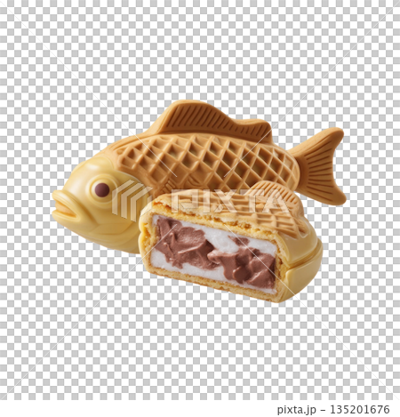 Fish shaped waffle dessert with chocolate and cream filling, showcasing playful and delicious treat with golden brown exterior 135201676