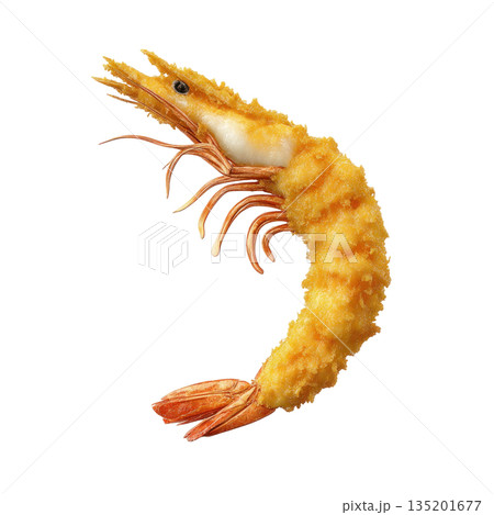 Fried breaded shrimp with crispy golden coating and visible tail, isolated on transparency background, delicious seafood snack 135201677